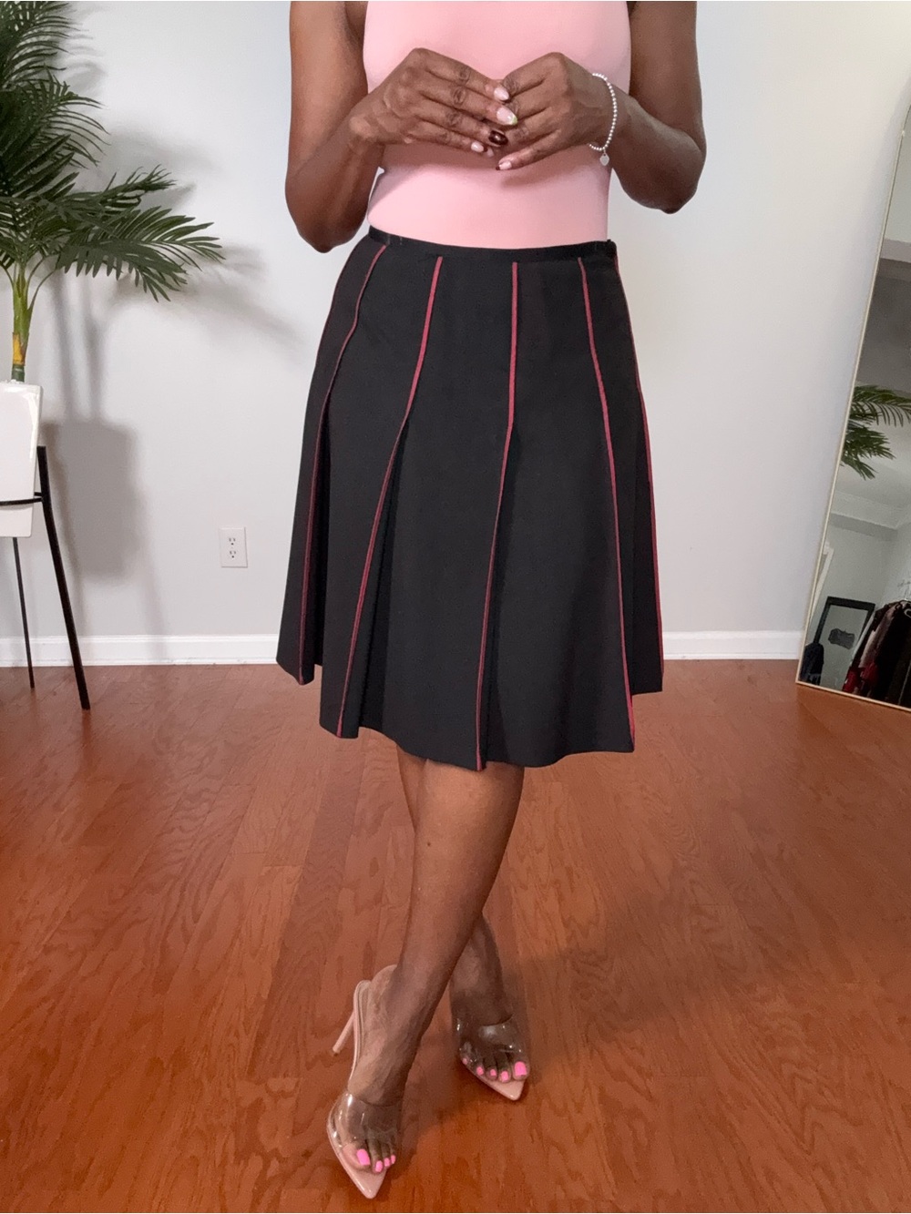 INC International Concepts Black Skater Skirt with Burgundy Piping